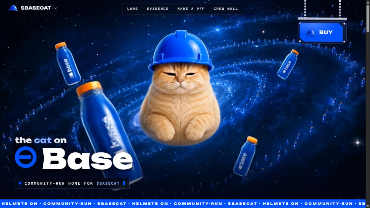 BASECAT website with the blue-helmet cat in a spiral galaxy.