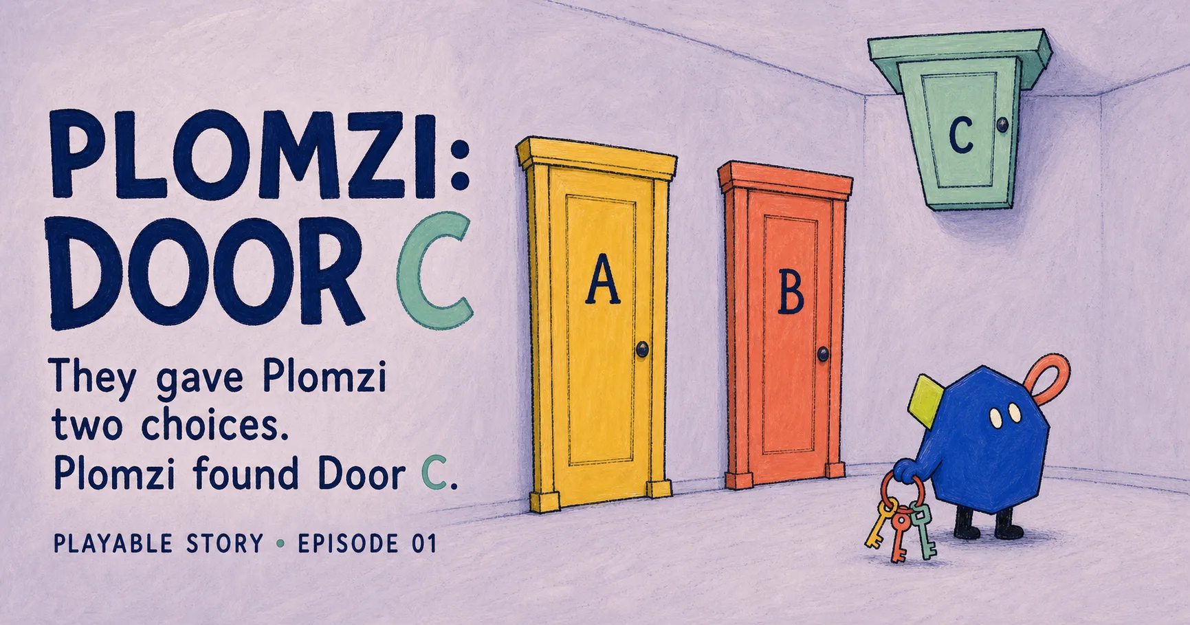 PLOMZI game artwork showing the character and three door choices.