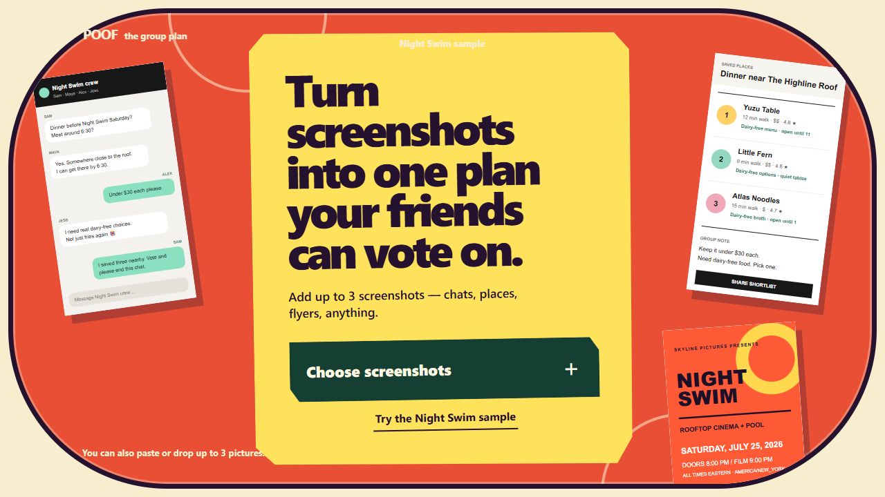 POOF homepage showing screenshots becoming a shared group plan.
